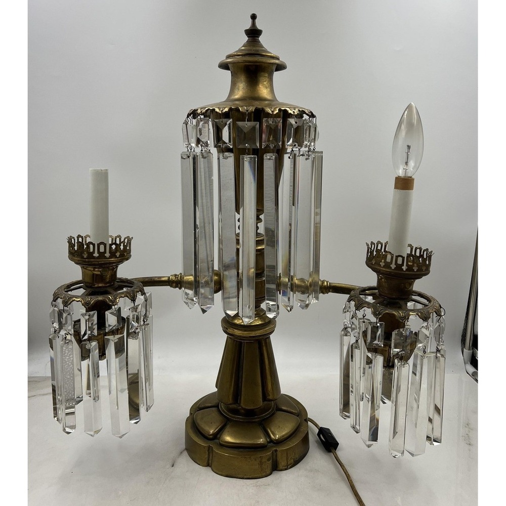 Antique Brass Table Lamp Victorian Double Argand or Astral w/ Prism Crystals